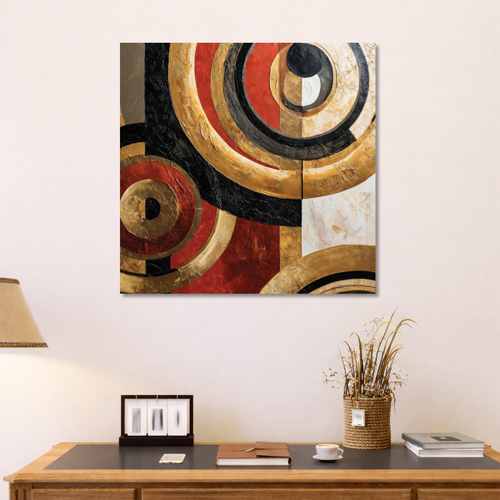 Gold & Red Abstract Geometric Stretched Canvas Wall Art Painting For Living Room, Textured Metallic Circles Painting, Modern Home Decor for Living Room, Office & Hallway (56xx56 cm)