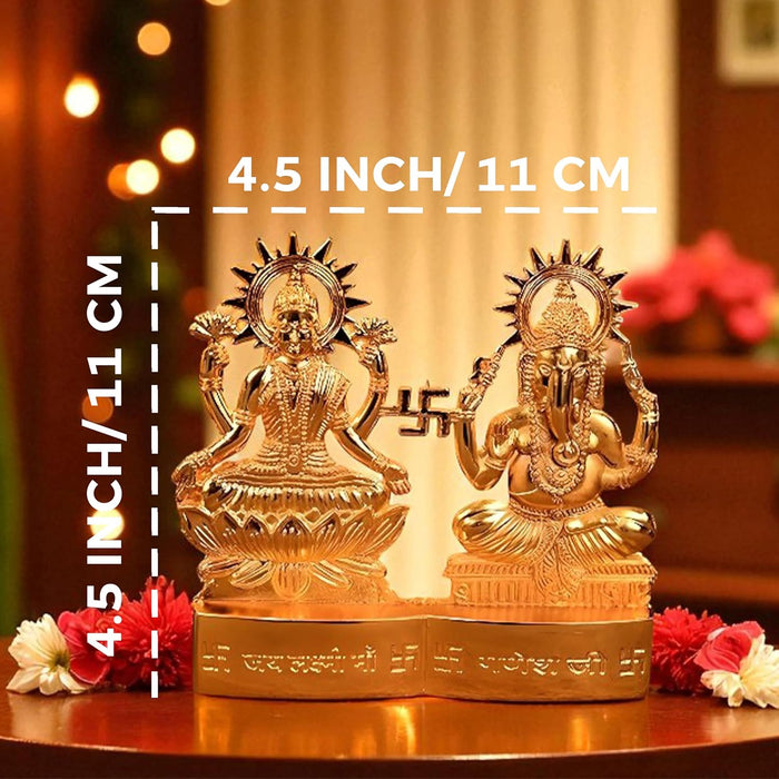 Metal Jay Lakshmi Ganesh Ji Brass Finished Idol Standable Statue Plate Brass Finished Idols for Deepawali Decoration, Ganesha 11x11 cm