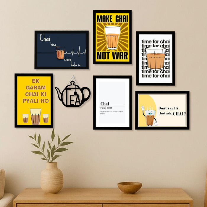 Chai TEA Retro Theme Kitchen and Cafe Framed Wall Art Painting Food Kitchen Quotes Painting With Frame Wall Decor for Home, Restaurant, Café, Set of 7 (1 MDF wall Hanging) 9x13 Inch