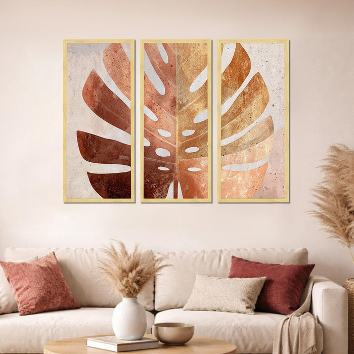 Abstract Botanical Framed Wall Art Set of 3 | Modern Boho Leaf & Landscape Prints | Engineered Wood Frame Wall Décor for Living Room, Bedroom & Office, 8.9x18.9 Inch
