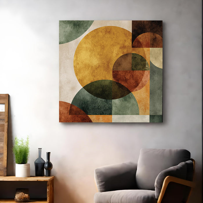 Boho Geometric Circles Stretched Canvas Wall Art Painting For Living Room, Modern Minimalist Earth Tone Painting, Abstract Decor for Living Room, Office & Studio (56xx56 cm)