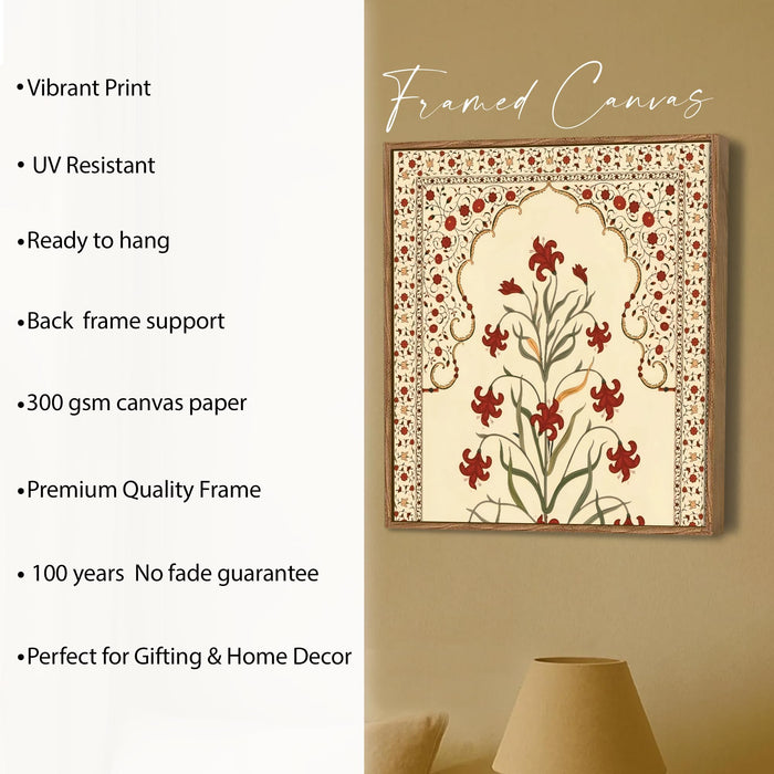Madhubani Floral Framed Painting For Living Room | Traditional Indian Flower Large Canvas Painting With Frame Wall Art For Bedroom, Hallway's, Office, Hotel, Size 58x58 cm