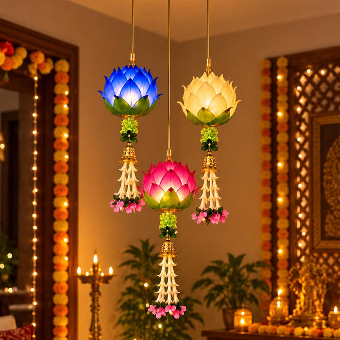 Pink Lotus LED Hanging Lantern Light for Diwali Decoration, Festive Home Decor, Mandir, Puja Room & Traditional Indian Festival Decoration