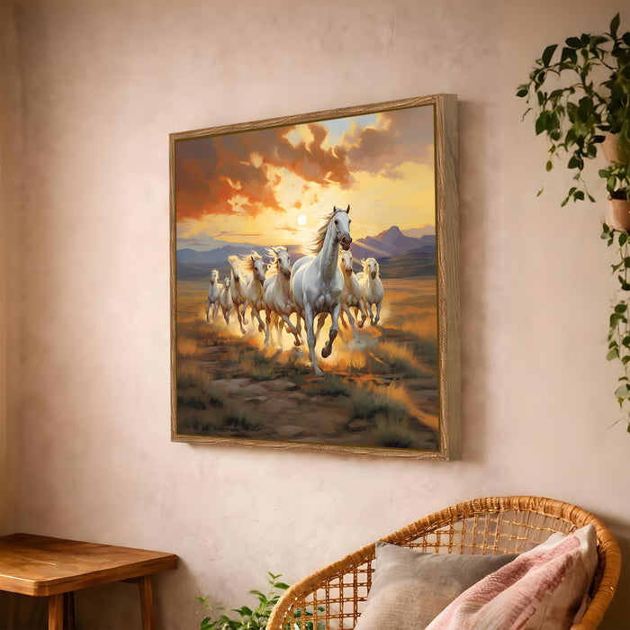 Vastu 7 Running Horses Framed Painting For Living Room | Feng Shui White Horse Large Canvas Painting With Frame Wall Art For Bedroom, Hallway's, Office, Hotel, Size 58x58 cm