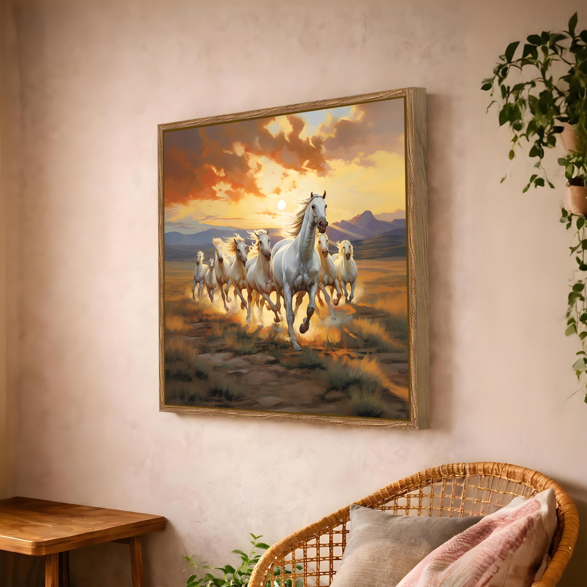 Vastu 7 Running Horses Framed Painting For Living Room | Feng Shui Whi ...