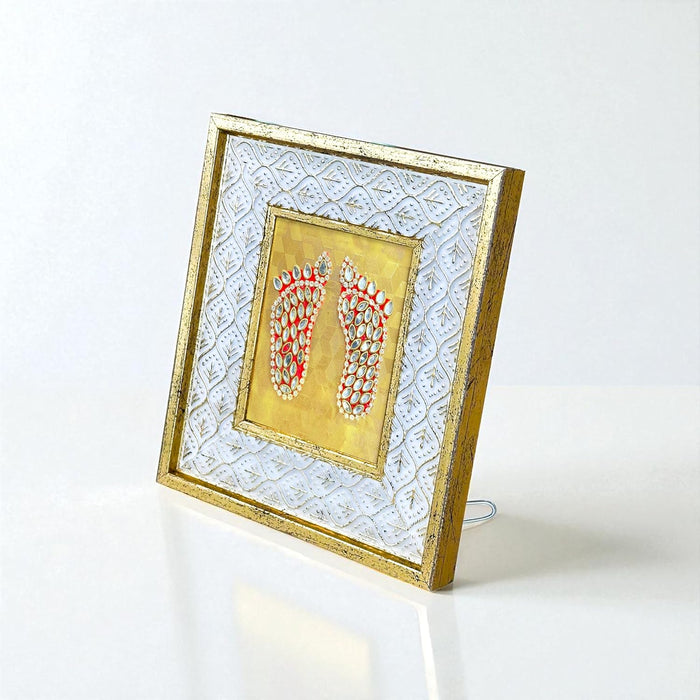Gold Plated Lakshmi Charan Photo Frame, Silver and Gold God Photo Frames (6x5 inch)