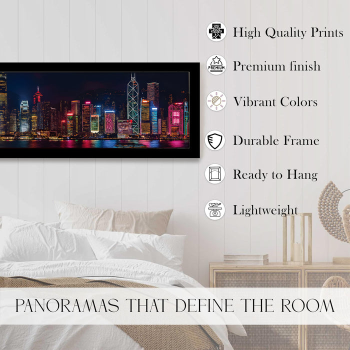 Vibrant Hong Kong Skyline at Night Cityscape Wall Art Framed Luxury Paintings for Home Decoration, Living room, Bedroom and Office Decoration (99x38 CM)
