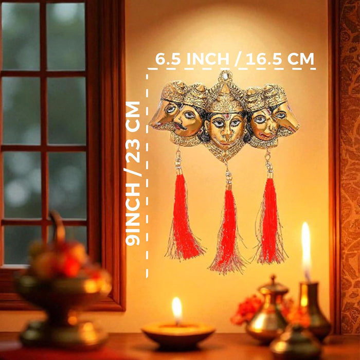 Metal Panchmukhi Hanuman Wall Hanging for Home Temple, Diwali Pooja, Brass Finished Deepawali Decoration, Hanuman Ji, Brass Finished Idols for Wall Hanging 16.5x23 cm