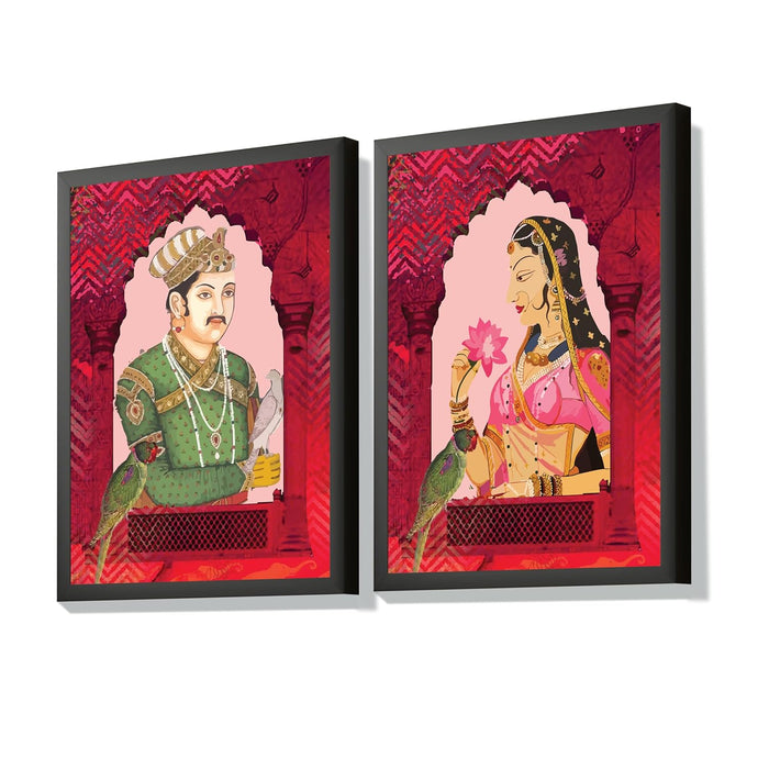 Art Street Embossed Laminated Framed Wall Art Prints Shah Jahan Mumtaz Miniature Art For Wall Décor Abstract Art (Set of 2, Size - 12.7x17.5 Inch)
