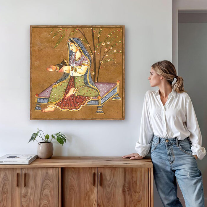 Indian Folk Framed Painting For Living Room | Traditional Ragamala Large Canvas Painting With Frame Wall Art For Bedroom, Hallway's, Office, Hotel, Size 58x58 cm