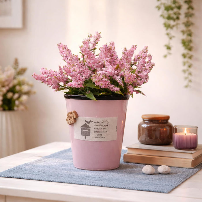 Ceramic Flower Pot with Artificial Pink Flowers | Decorative Tabletop Planter
