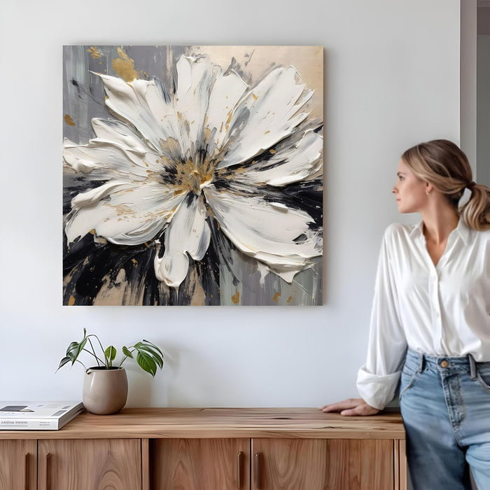 Modern Floral Stretched Canvas Wall Art Painting For Living Room, Painting White Flower with Heavy Texture & Gold Foil Accents, Contemporary Decor for Living Room, Bedroom & Office (56xx56 cm)