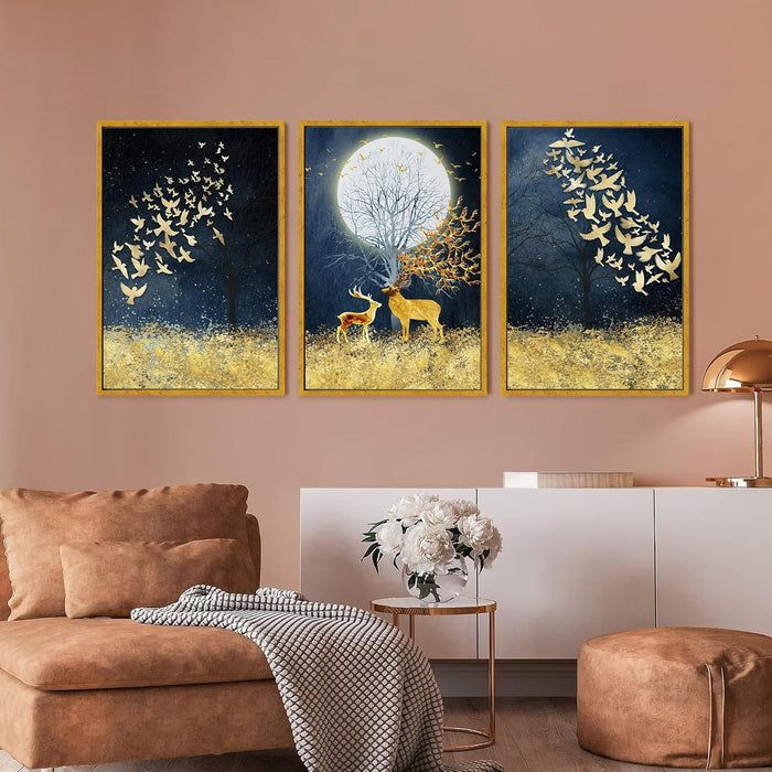 Nordic Abstract Golden Canvas Painting For Home Decor, Geometric Industrial Style Framed Art Prints (17x23 Inch, Set of 3)