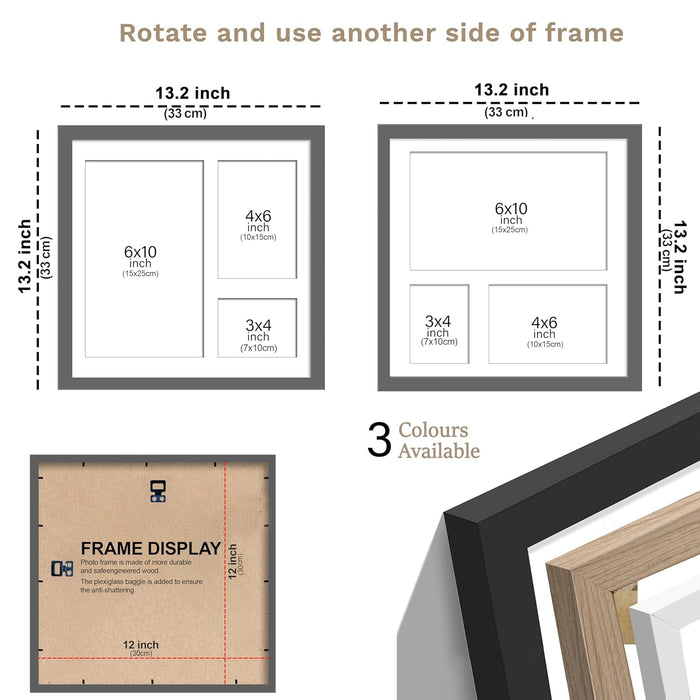 Photo Frame Collage 15x20, 10x15, 8x10 cm Photos Display 3 Oppenings Wall Mounting Home Décor Photo-Frame (34x34 cm)