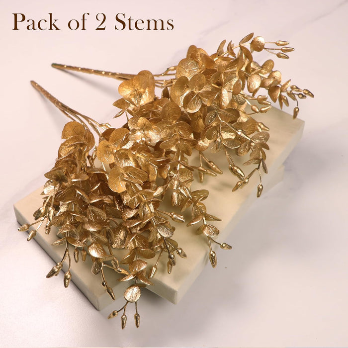 Golden Eucalyptus Leaves Stem, Fake Faux Shrubs PVC, UV Resistant for Home  31 cm