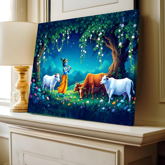 Lord Krishna Canvas Wall Painting with Cows | Vrindavan Krishna Flute Art | Spiritual Religious Wall Decor for Living Room, Bedroom, Office (16x22 Inch)