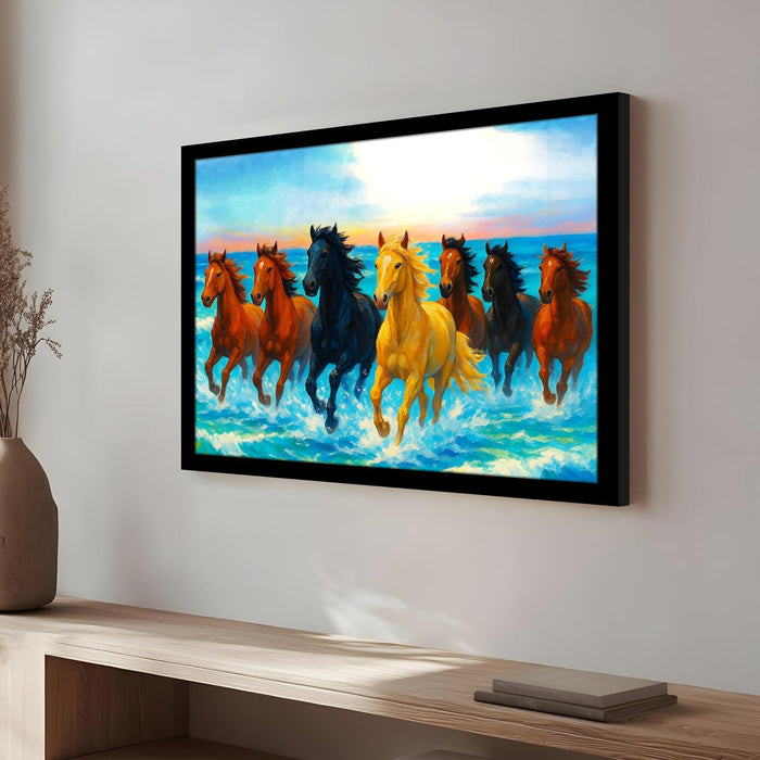 Seven Running Horses Wall Art Vastu Feng Shui Multicolor | Canvas Painting Stretched on Wood | Suits For Vastu-Friendly Place (16x22 Inch)
