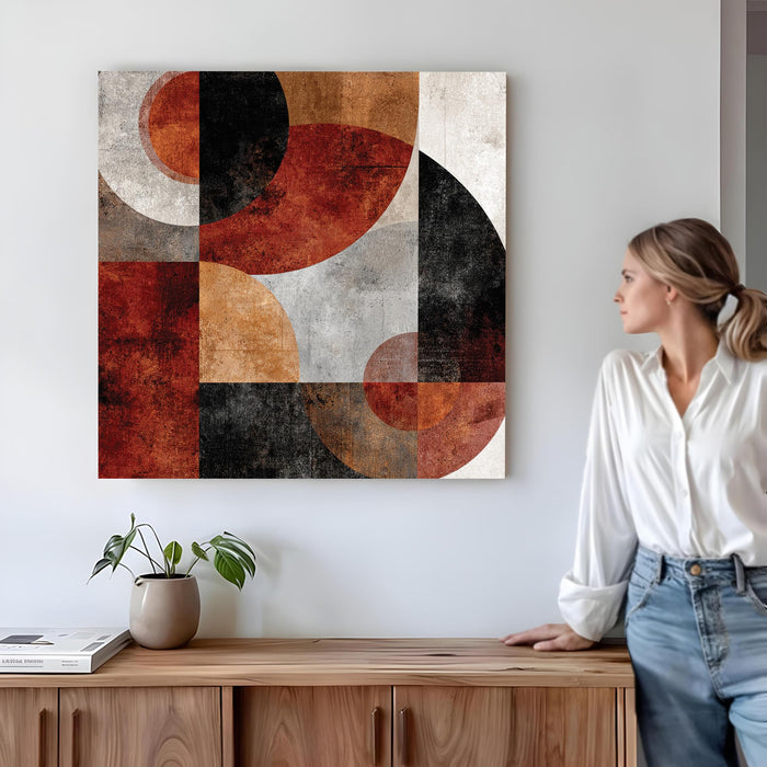 Modern Abstract Geometric Stretched Canvas Wall Art Painting For Living Room, Bauhaus-Inspired Rust, Terracotta & Black Circles Painting, Mid-Century Boho Decor for Living Room & Office (56xx56 cm)