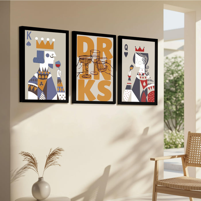 Poker King Queen Retro Graphic A3 Framed Poster for Living Room With Frame, “Drinks” Retro Framed Posters for Home Decor Bar Pub Lounge Dining area restaurant Hotel Set of 3, Size 33x45 cm