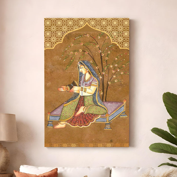Madhubani Rajput Stretched Canvas Painting For Living Room | Floral Jharokha Stretched Canvas Wall Art For Livingroom Home Decor, Bedroom, Hallway's, Office, Hotel - 56x86 cm