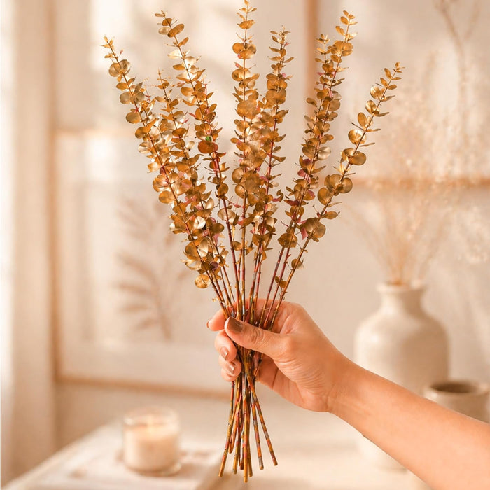 Art Street Artificial Golden Eucalyptus Stems – Metallic Plastic Decorative Leaves for Vase, Home Décor, Table Centerpiece,