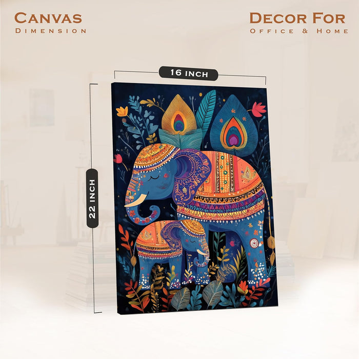 Gond Art of Elephants and Botanical in Multicolor | Digital Painting On Canvas Stretched on Wood (16x22 Inch)