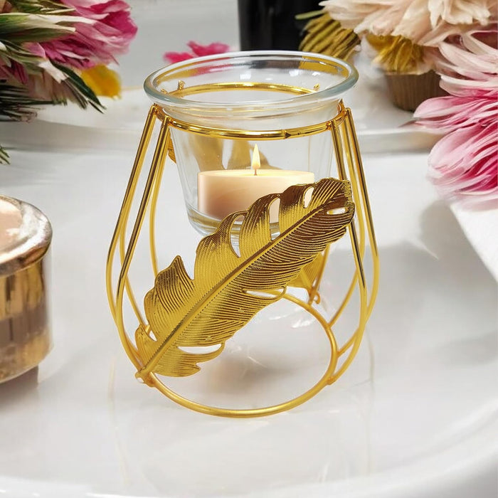 Metal Diwali Tealight Holder with Glass Leaf Decorative Crystal Puja Dia for Mandir  (Gold, 10x8x9 Cm)