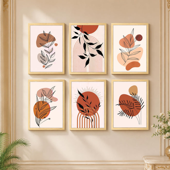 Botanical Boho Wall Art Painting for Living Room, Minimalist Abstract Aesthetic Wooden Framed Wall Art Print for Living Room, Bedroom, Office & Home Decor (Set of 6, 13x9 inch)