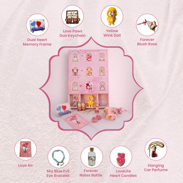 Valentine’s Day Gift Hamper for Her Him Couples Unique Valentine Gift Box Set of 9 Special Valentine Articles with Romantic Decor, Car Hanging Aroma Fragrance, Love Greeting Card