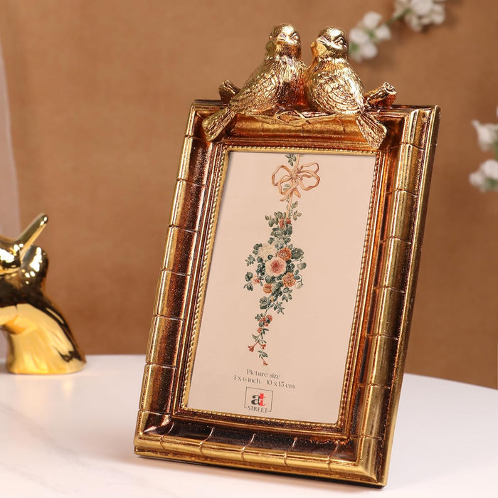 Vintage 4x6 Inch Photo Frame Golden Brown – European Style Resin Picture Frame with Birds Design, Tabletop Display, Antique Look, 10x15 cm