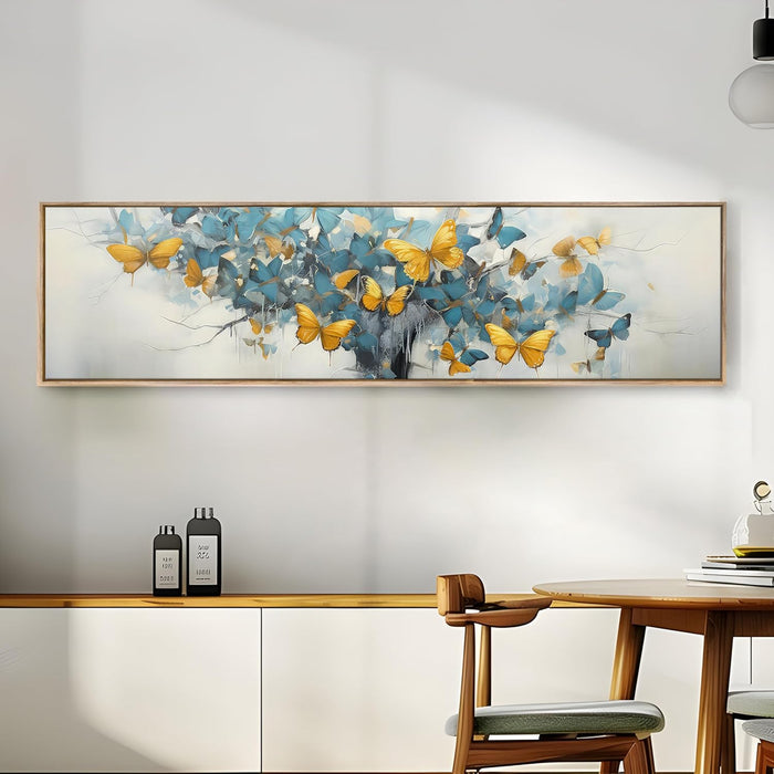 Large Canvas Painting Panel Framed Wall Art Print Abstract Tree with Yellow Butterfly Framed Luxury Paintings for Home Decoration (Sku Blue, 13x47 Inch)