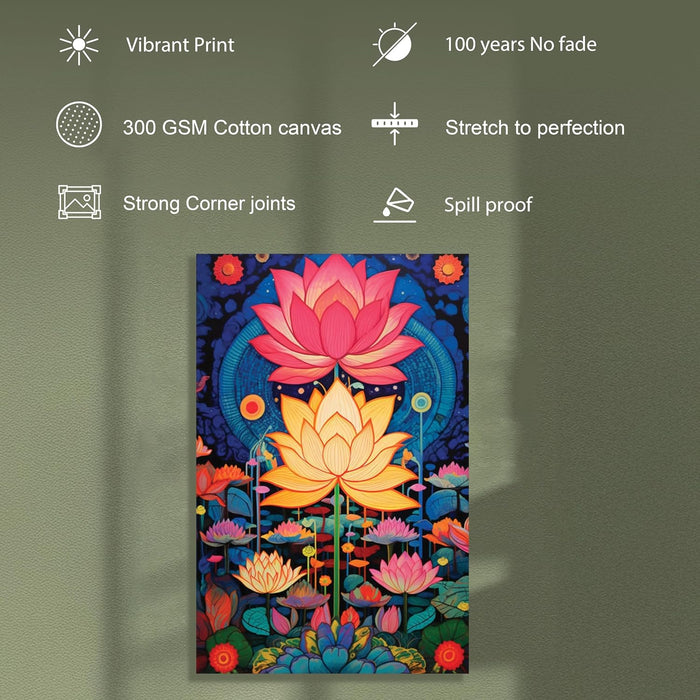 Abstract Multicolor Aesthetic Lotus Painting with Frame, Framed Canvas Paintings Stretched Canvas Wall Art  22x34 Inch