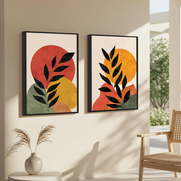 Boho Moon and Sun Leaf Canvas Wall Painting Bohemian Large Wall Art Painting for Living Room Decoration, Stylish Large Wall Art Print for Wall Decor (Set of 2, 58x89 cm)