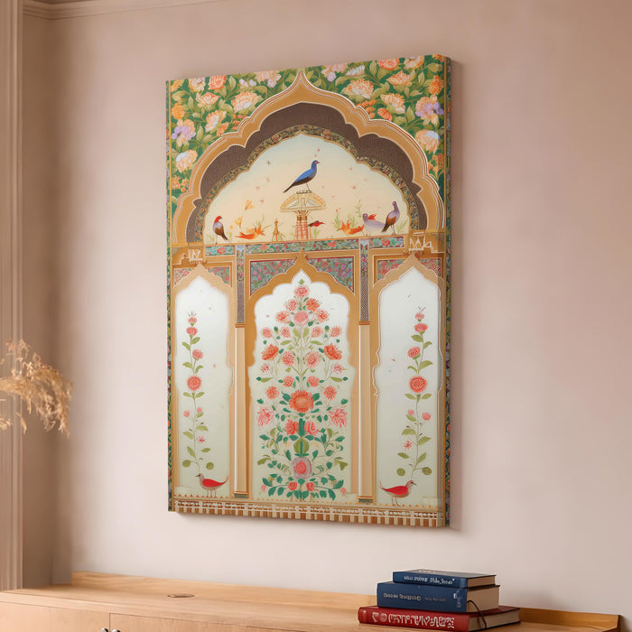 Mughal Peacock Garden Stretched Canvas Painting For Living Room | Madhubani Royal Jharokha Stretched Canvas Wall Art For Livingroom Home Decor, Bedroom, Hallway's, Office, Hotel - 56x86 cm