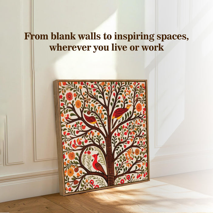 Madhubani Tree of Life Framed Painting For Living Room | Indian Folk Tree and Birds Large Canvas Painting With Frame Wall Art For Bedroom, Hallway's, Office, Hotel, Size 58x58 cm