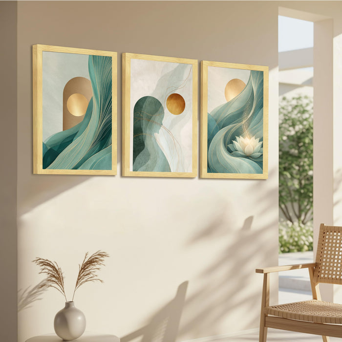 Modern Abstract Blooming Lotus A3 Framed Poster for Living Room With Frame, Luxury Abstract Geometric Moon Framed Vastu Posters for Home Decor Bedroom Hallways Office Hotel Set of 3, Size 33x45 cm