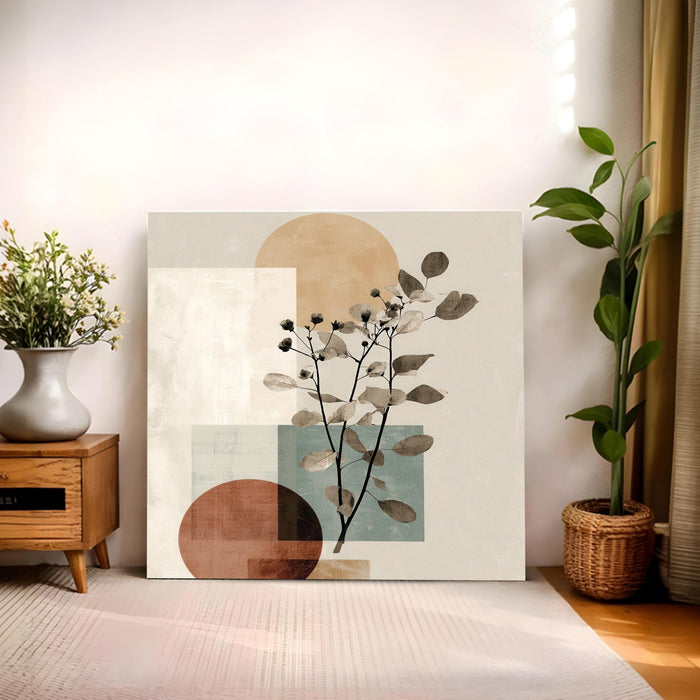 Abstract Botanical Stretched Canvas Wall Art Painting For Living room, Modern Boho Sage Green Tone Floral Poster, Minimalist Nature for Living Room, Bedroom & Office Decor (56xx56 cm)