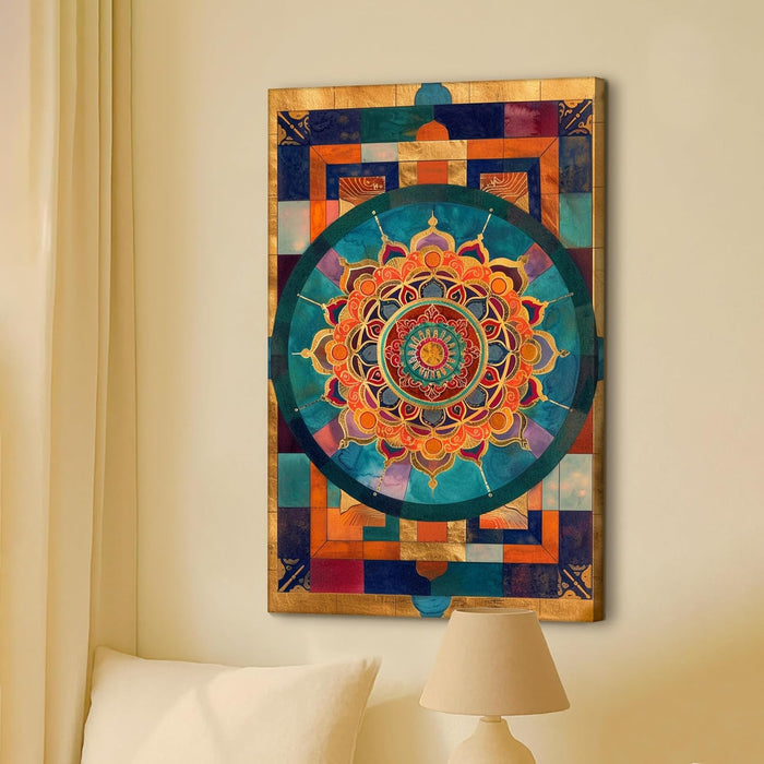 Abstract Multicolor Geometric Mandala Painting with Frame, Framed Canvas Paintings Stretched Canvas Wall Art 22x34 Inch