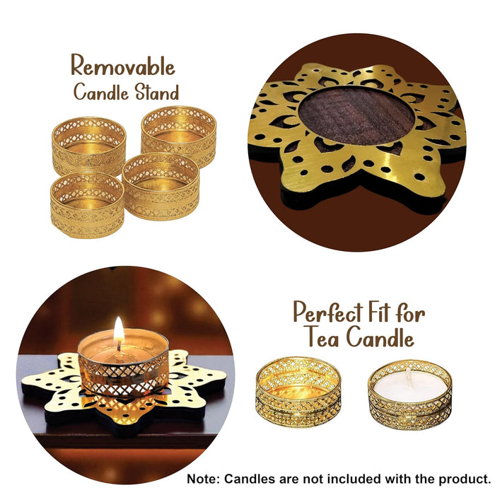 Decorative Diwali Tealight Diya Holders for Home Decoration, Dipawali Décor Items, Diwali Temple Decoration - MDF Wood Tea Light Candle Holder Star Floral Shaped Stand –11x11 cm