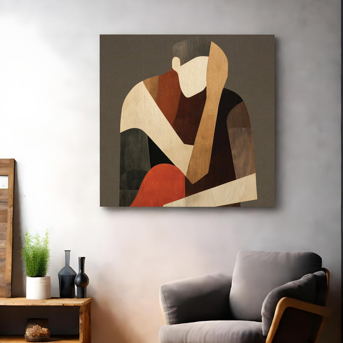 Abstract Stretched Canvas Wall Art Painting for Living Room, Modern Minimalist Figurative Painting, Mid-Century Boho Decor in Earthy Terracotta & Brown for Living Room, Office & Studio (56xx56 cm)