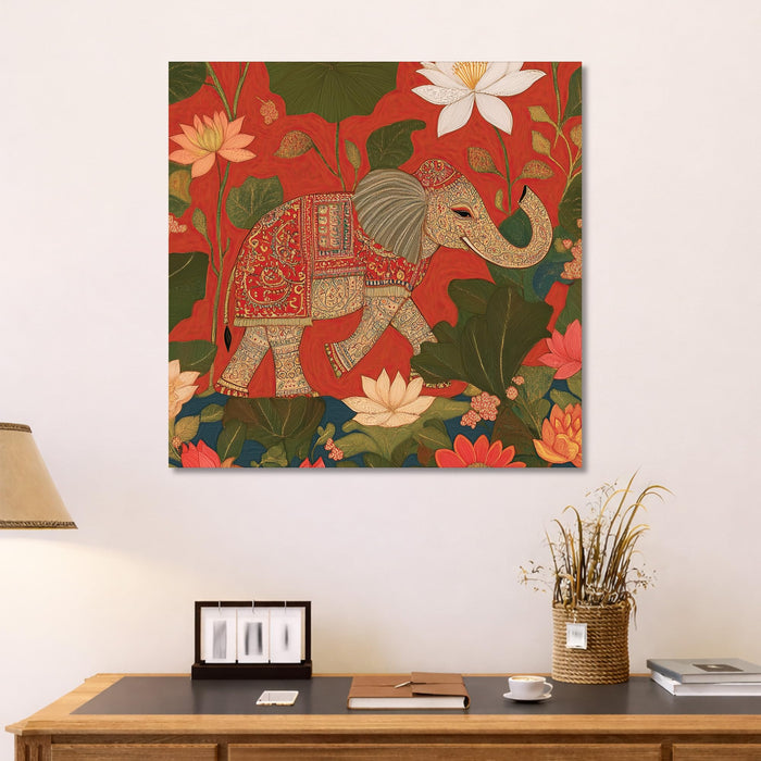 Elephant Vastu Art Stretched Canvas Painting For Living Room | Floral Madhubani Wall Art Large Canvas Painting For Livingroom Home Decor, Bedroom, Hallway's, Office, Hotel - 86x86 cm