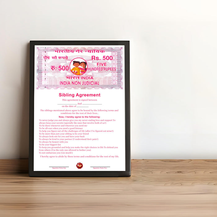 SNAP ART A4 Framed Sibling Agreement Greeting Card For Brother & Sister, Photo Frame with Photo Upload Gift for Bhai Dooj, Birthday, Rakshabandhan Rakhi Pre Defined Terms & Conditions