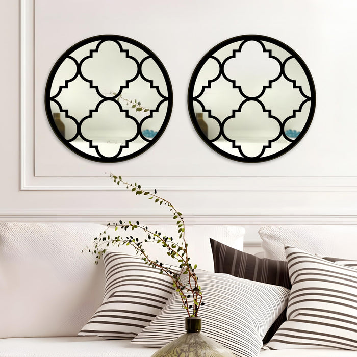 Decorative Round Acrylic Jali Wall Mirror with Side Metal Black PVC Moulding, Wall Mirror (16x16 Inch)