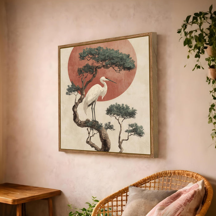 Japanese Crane Sun Framed Painting For Living Room | Vastu Crane Large Canvas Painting With Frame Wall Art For Bedroom, Hallway's, Office, Hotel, Size 58x58 cm