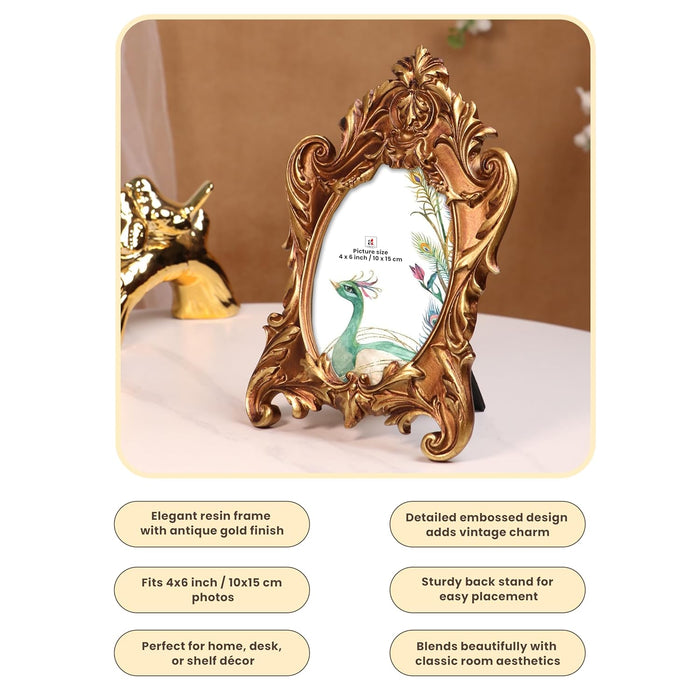 Vintage 4x6 Inch Photo Frame Golden Brown – European Style Resin Picture Frame, Stylish Antique Design for Tabletop or Wall Display, 10x15 cm