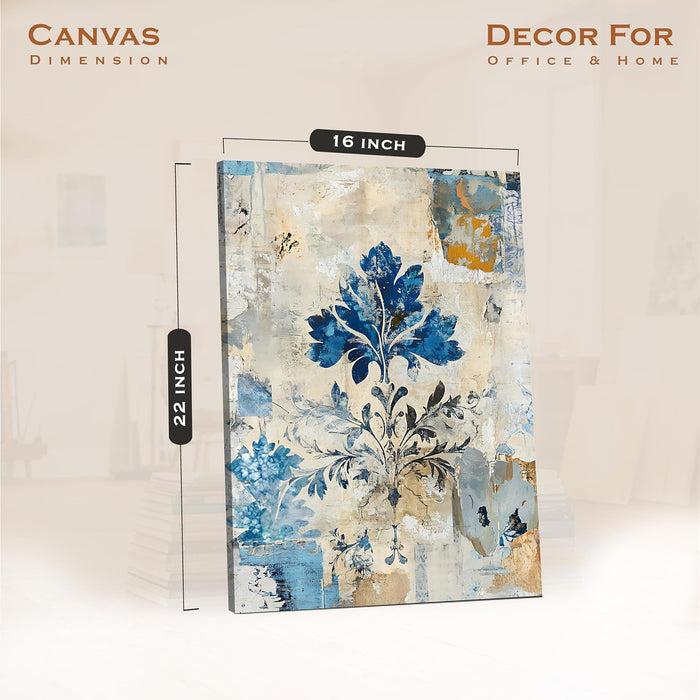 Abstract Watercolor Floral Art in Blue, Beige, and Orange | Digital Painting On Canvas Stretched on Wood (16x22 Inch)