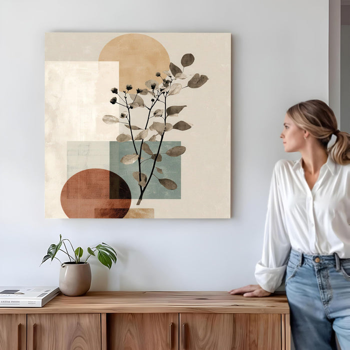 Abstract Botanical Stretched Canvas Wall Art Painting For Living room, Modern Boho Sage Green Tone Floral Poster, Minimalist Nature for Living Room, Bedroom & Office Decor (56xx56 cm)