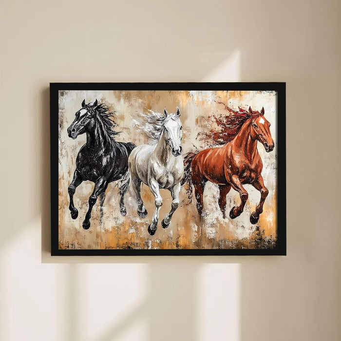 Abstract Wall Art Eight Running Horses Vastu Feng Shui Multicolor | Digital Painting Framed with Engineered Wood Frame (17x23 Inch)