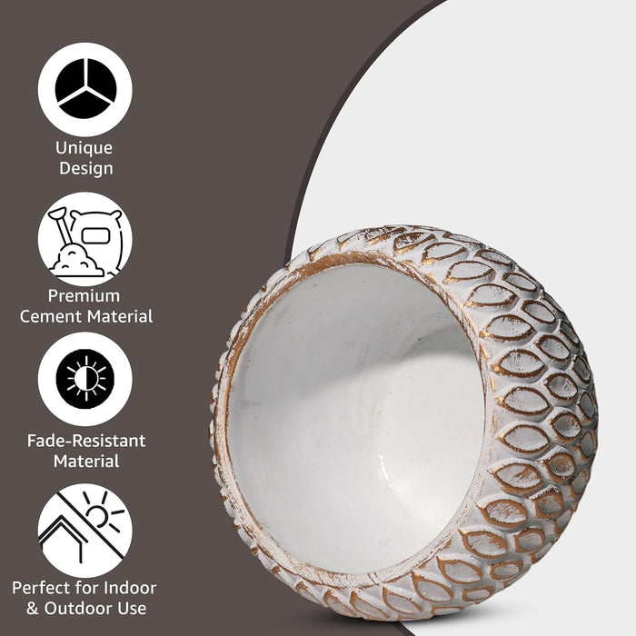 Handmade Cement Flower Pot Indoor Outdoor Plant Pot, Fade Resistant White and Golden Elegant Leaf Pattern Vase, Flower Vase Cemented Flower Vases 10x13 cm