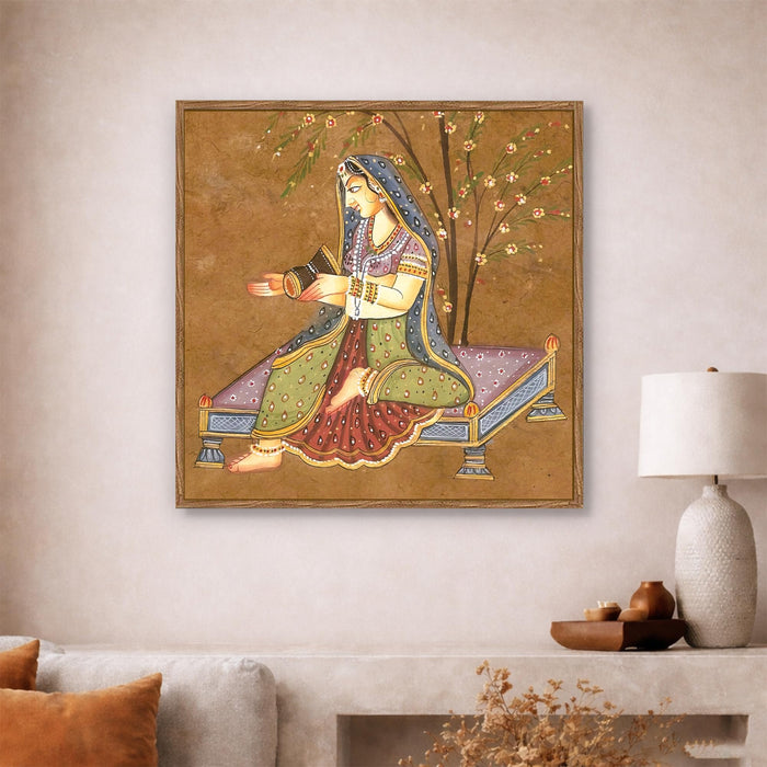 Indian Folk Framed Painting For Living Room | Traditional Ragamala Large Canvas Painting With Frame Wall Art For Bedroom, Hallway's, Office, Hotel, Size 58x58 cm